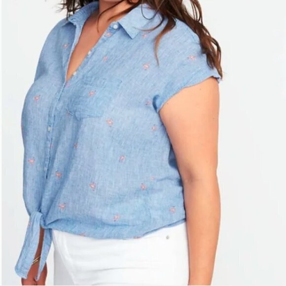🟢 3 for $30 🟢 OLD NAVY FLAMINGO PRINT TIE FRONT TOP - Picture 1 of 11